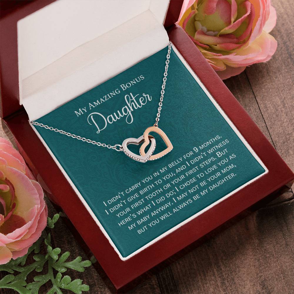 My Amazing Bonus Daughter Gift With Message Interlocking Hearts Necklace