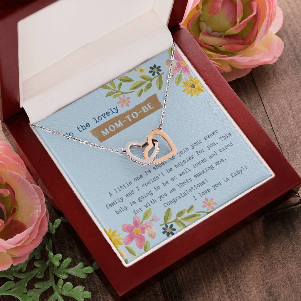 Mom To Be Interlocking Hearts Necklace Blue Floral Baby Shower