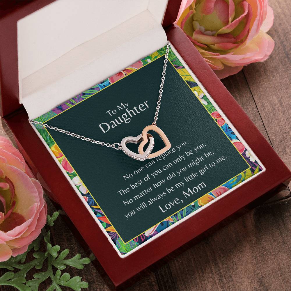 To My Daughter No One Can Replace You Necklace. Embellished With Cubic Zirconia Stones. Interlocking Hearts Necklace