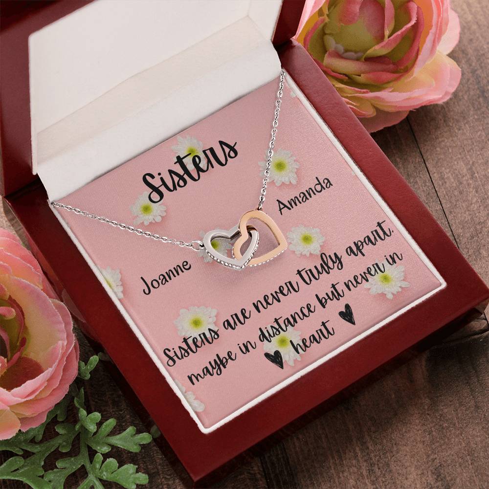 Sisters - Interlocking Necklace - Daisy Background - Personalized Interlocking Hearts Necklace