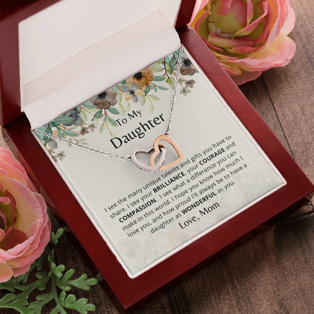 To My Daughter - As Wonderful As You - Necklace. Embellished With Cubic Zirconia Stones. Interlocking Hearts Necklace