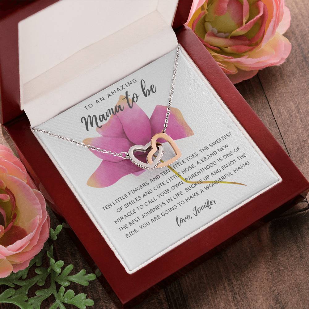 To An Amazing Mama To Be - Pink Rose Interlocking Hearts Necklace