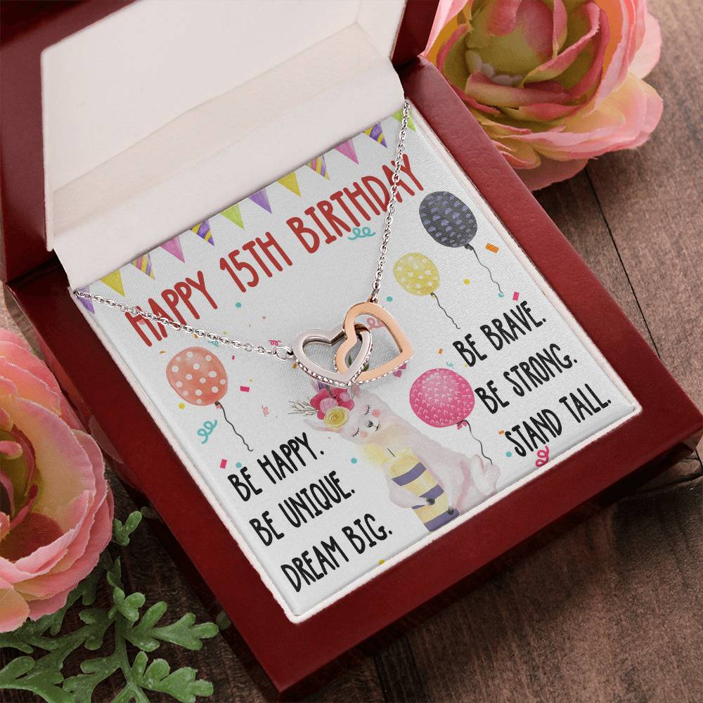 15Th Birthday Necklace Gift For Girl Daughter Birthday Gift For 15 Years Old Teen Birthday Gift Cute Llama Interlocking Hearts Necklace