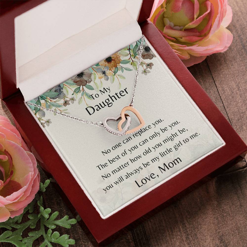 To My Daughter No One Can Replace You Necklace. Embellished With Cubic Zirconia Stones. Interlocking Hearts Necklace