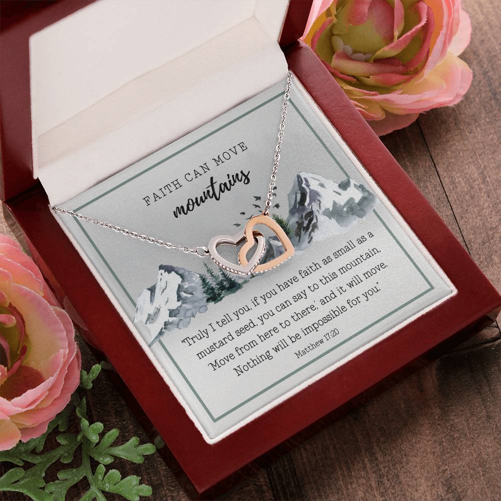 Scripture Encouragement Interlocking Hearts Necklace Matthew 1720 Winter Mountains