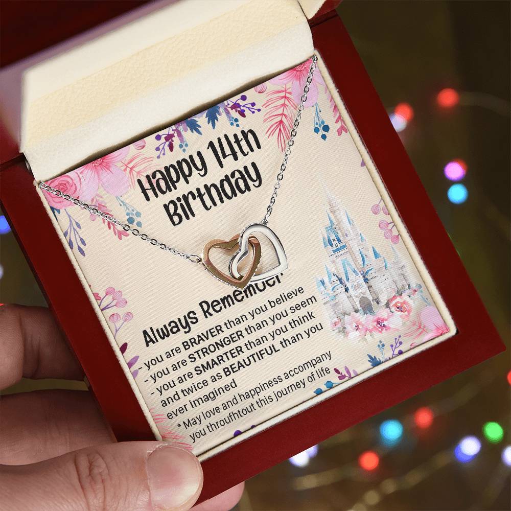 Happy 14Th Birthday Necklace Gift For Daughter Gift For 14 Years Old Teen 14 Year Old Birthday Girl Custom Card Interlocking Hearts Necklace