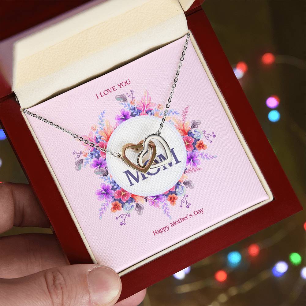 Happy Mother'S Day - Two Hearts Embellished With Cubic Zirconia Stones Interlocking Hearts Necklace