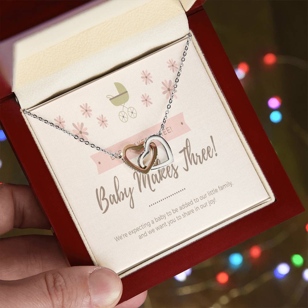 Pregnancy Announcement- Baby Makes Three - Family Of Three - Pregnancy Baby Reveal - First Baby Interlocking Hearts Necklace