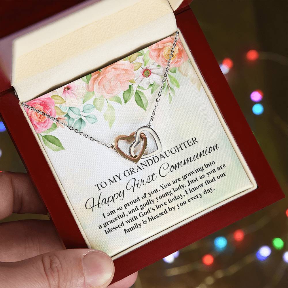 To My Granddaughter Happy First Communion Interlocking Hearts Necklace