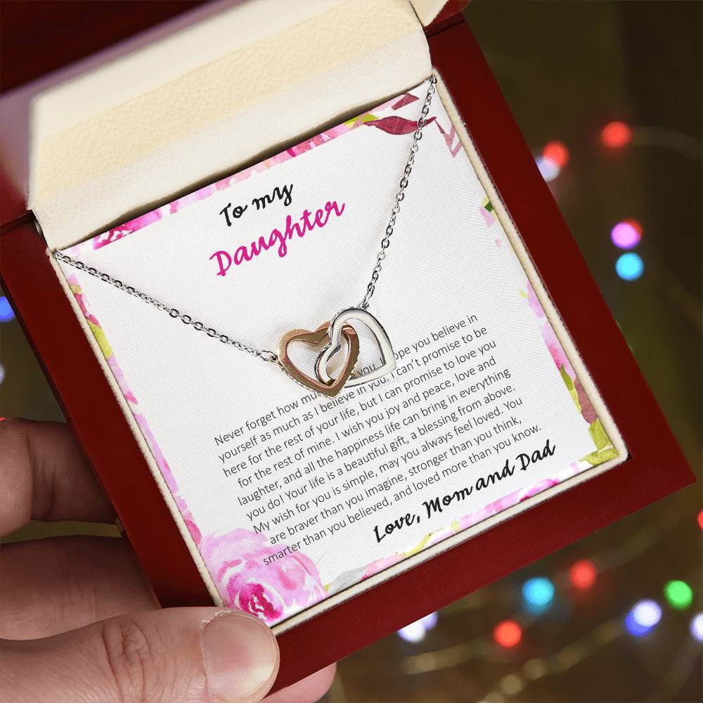To My Daughter Never Forget How Much I Love You - Love Dad & Mom Interlocking Hearts Necklace