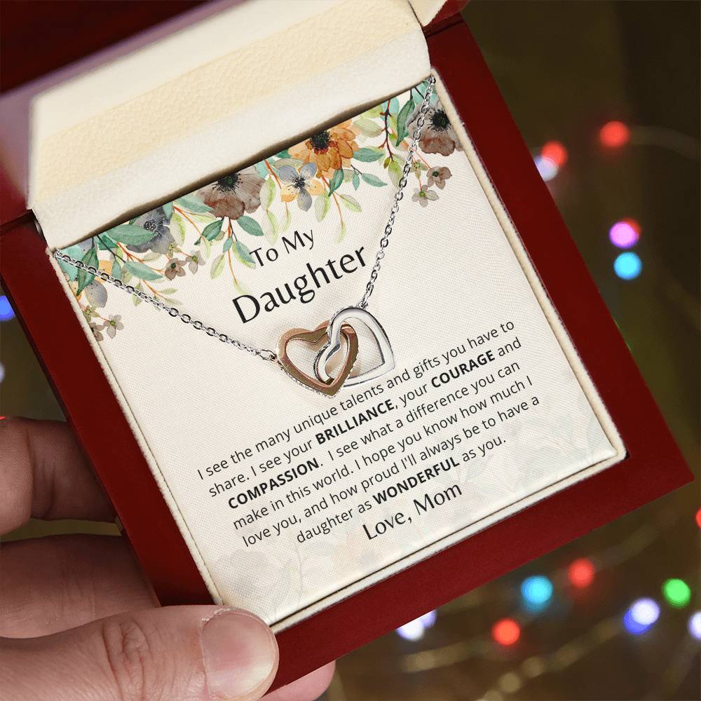 To My Daughter - As Wonderful As You - Necklace. Embellished With Cubic Zirconia Stones. Interlocking Hearts Necklace