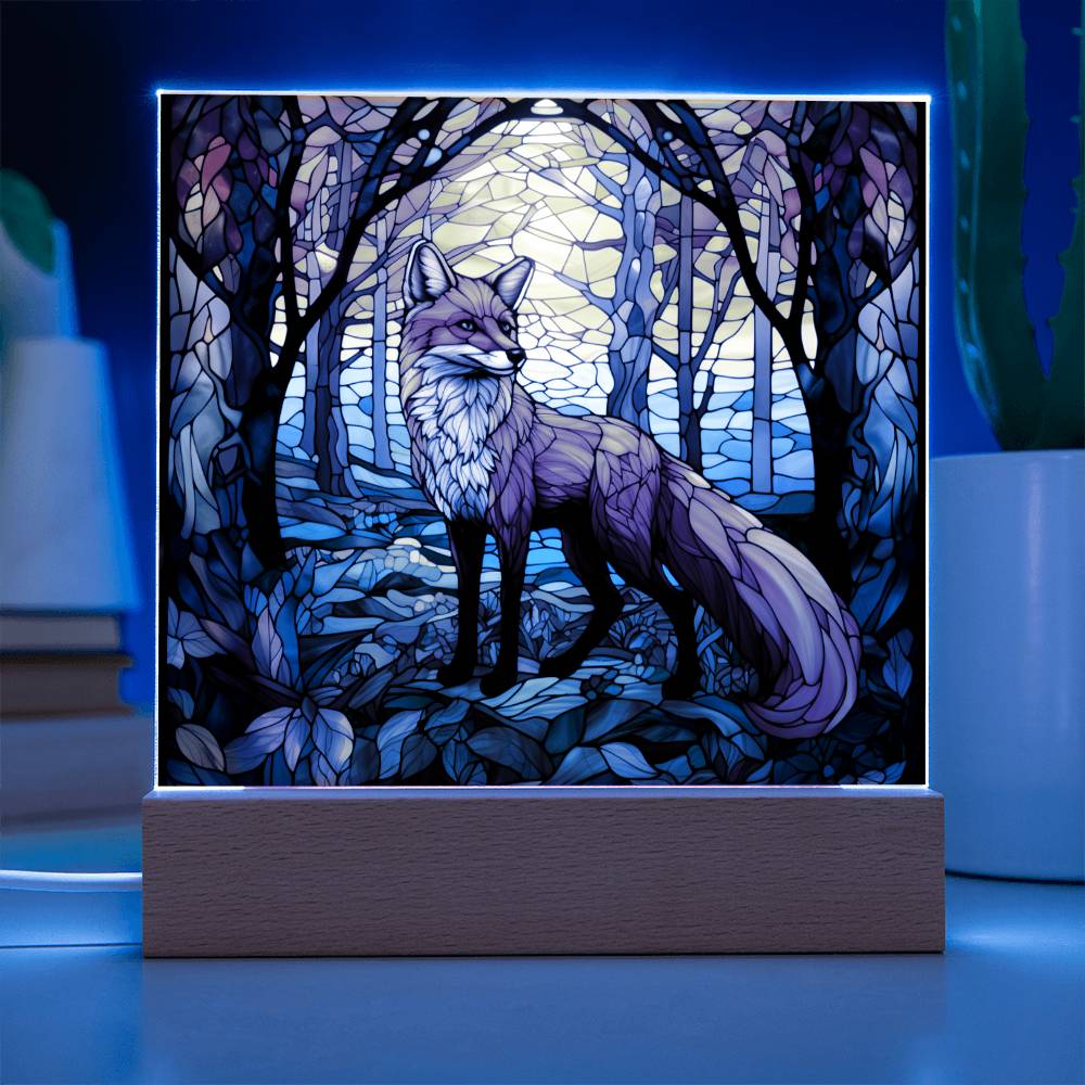 Fox In The Woods Faux Stained Glass - Gift For Animal Lover Decoration For House LED Fox Nightlight - Acrylic Square Plaque