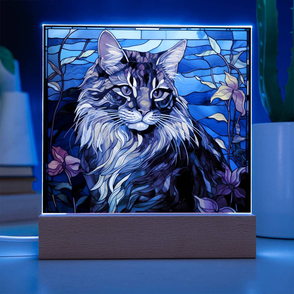Maine Coon Cat Faux Stained Glass - Acrylic Square Plaque