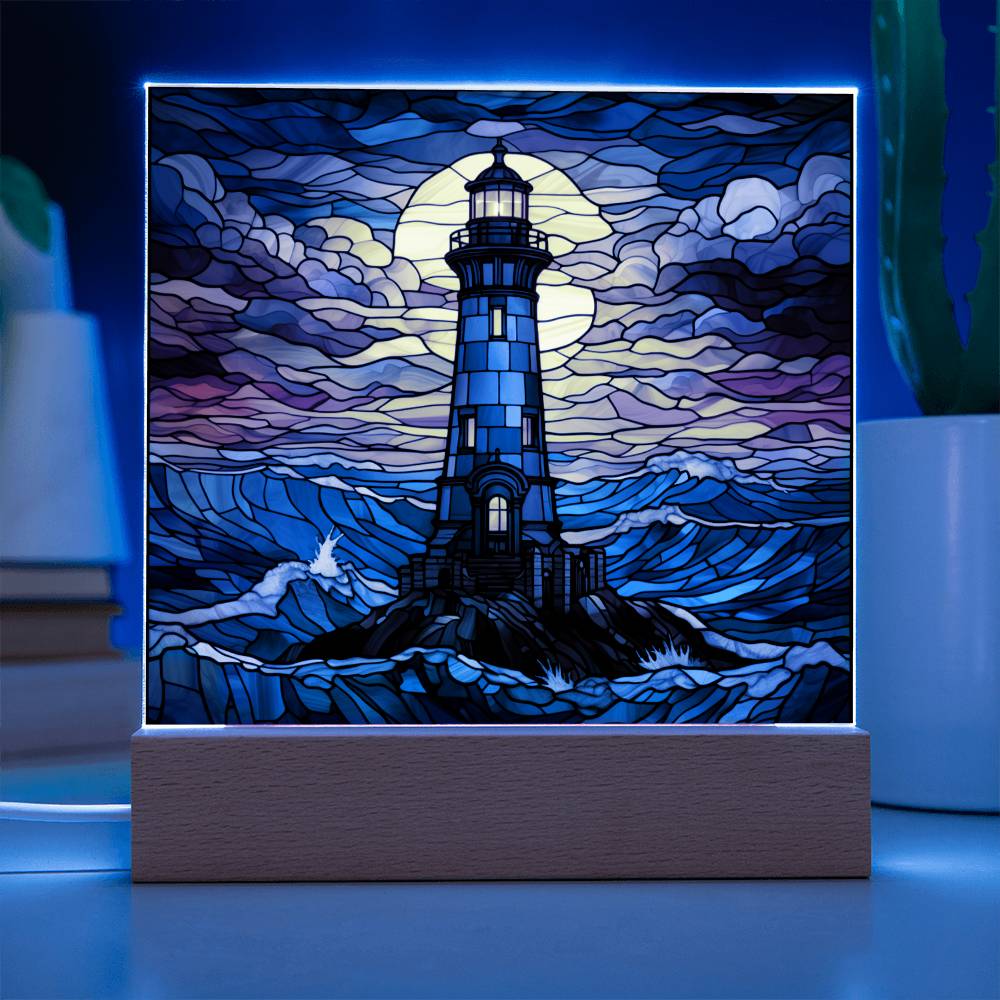 Lighthouse In The Ocean Faux Stained Glass For Lighthouse Decoration - Acrylic Square Plaque