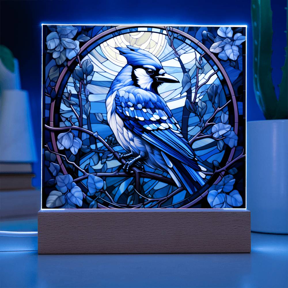 Blue Jay Faux Stained Glass Acrylic Plaque - A Gift For Bird Lover Decoration For Bird Watcher Gifts - Acrylic Square Plaque