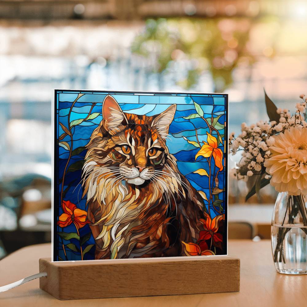 Maine Coon Cat Faux Stained Glass - Acrylic Square Plaque