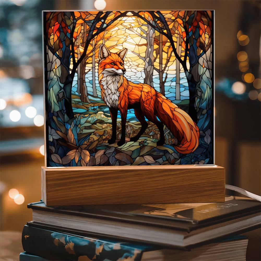 Fox In The Woods Faux Stained Glass - Gift For Animal Lover Decoration For House LED Fox Nightlight - Acrylic Square Plaque
