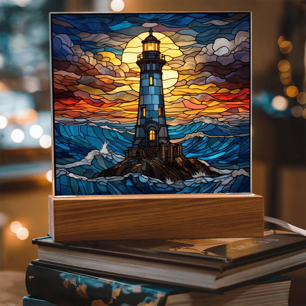 Lighthouse In The Ocean Faux Stained Glass For Lighthouse Decoration - Acrylic Square Plaque