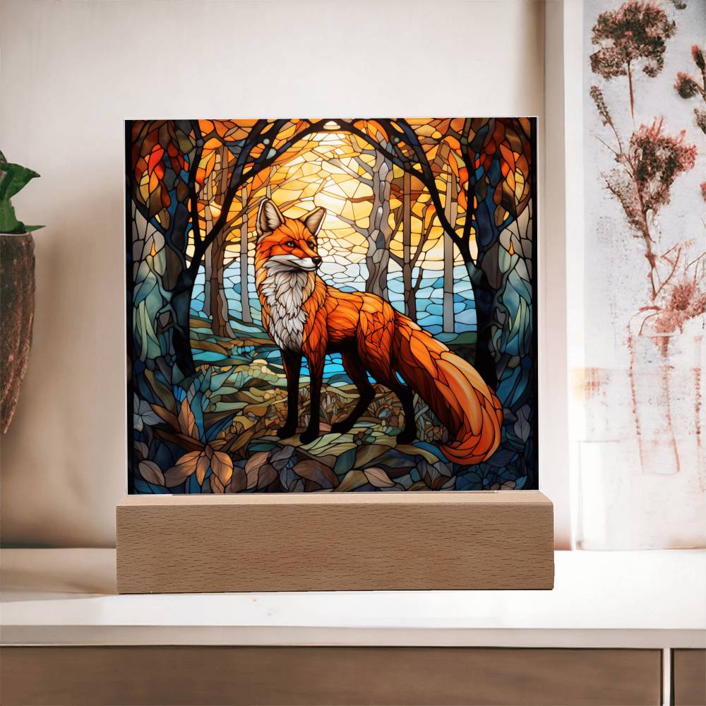 Fox In The Woods Faux Stained Glass - Gift For Animal Lover Decoration For House LED Fox Nightlight - Acrylic Square Plaque
