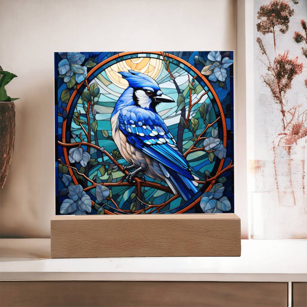 Blue Jay Faux Stained Glass Acrylic Plaque - A Gift For Bird Lover Decoration For Bird Watcher Gifts - Acrylic Square Plaque