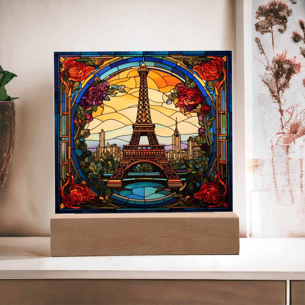 Eiffel Tower Stained Glass Acrylic - Home Decoration Gift For Traveler Paris Souvenir - Acrylic Square Plaque
