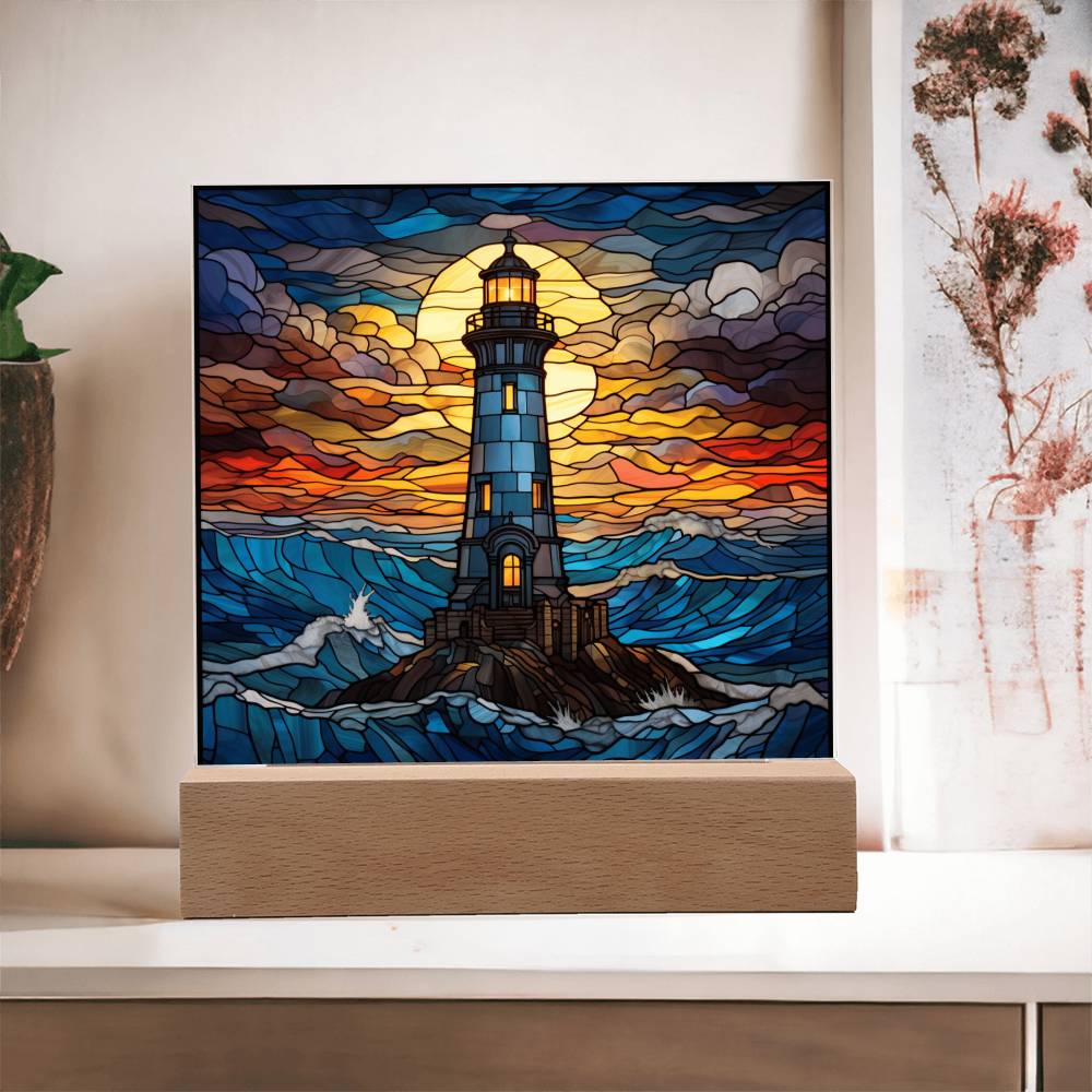 Lighthouse In The Ocean Faux Stained Glass For Lighthouse Decoration - Acrylic Square Plaque