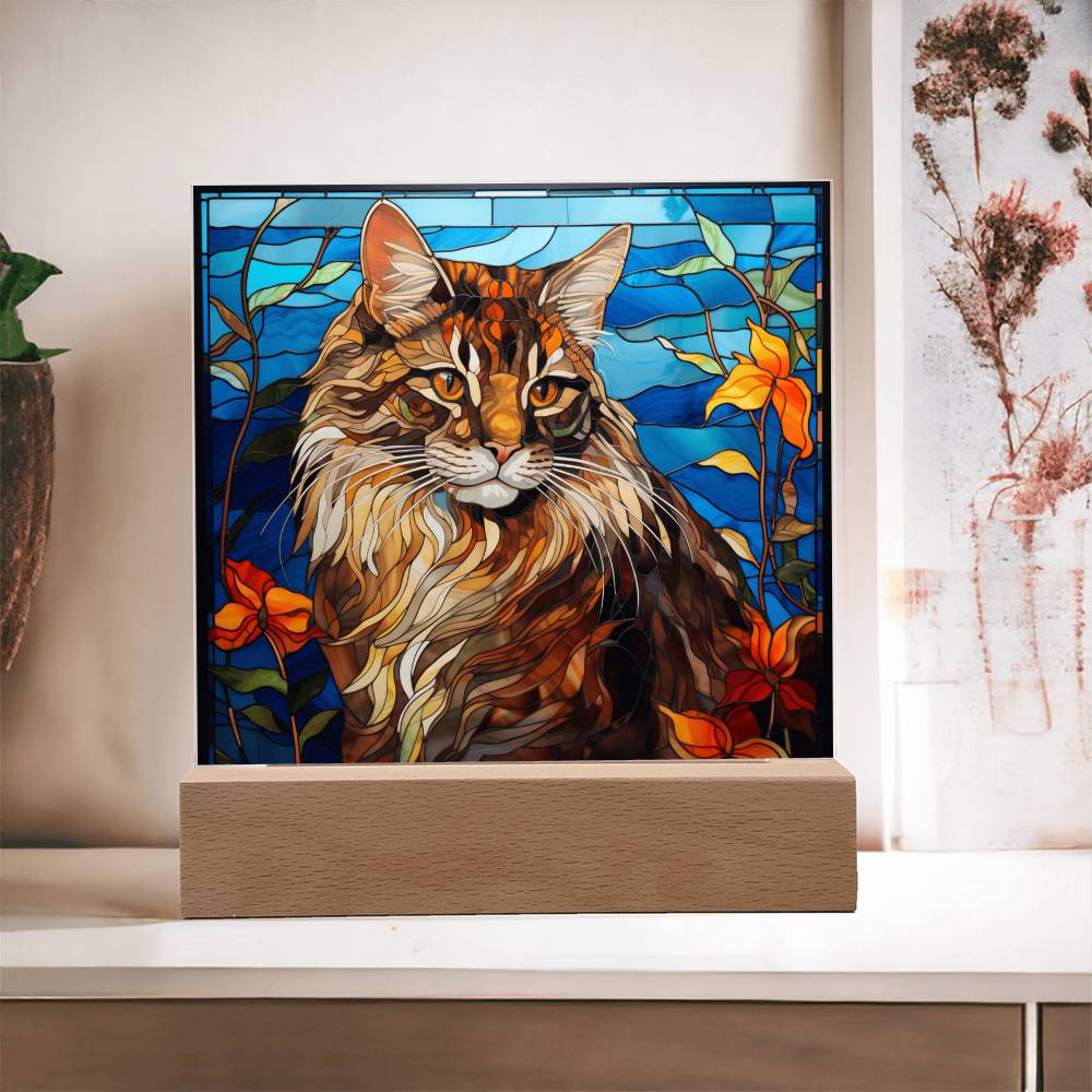 Maine Coon Cat Faux Stained Glass - Acrylic Square Plaque