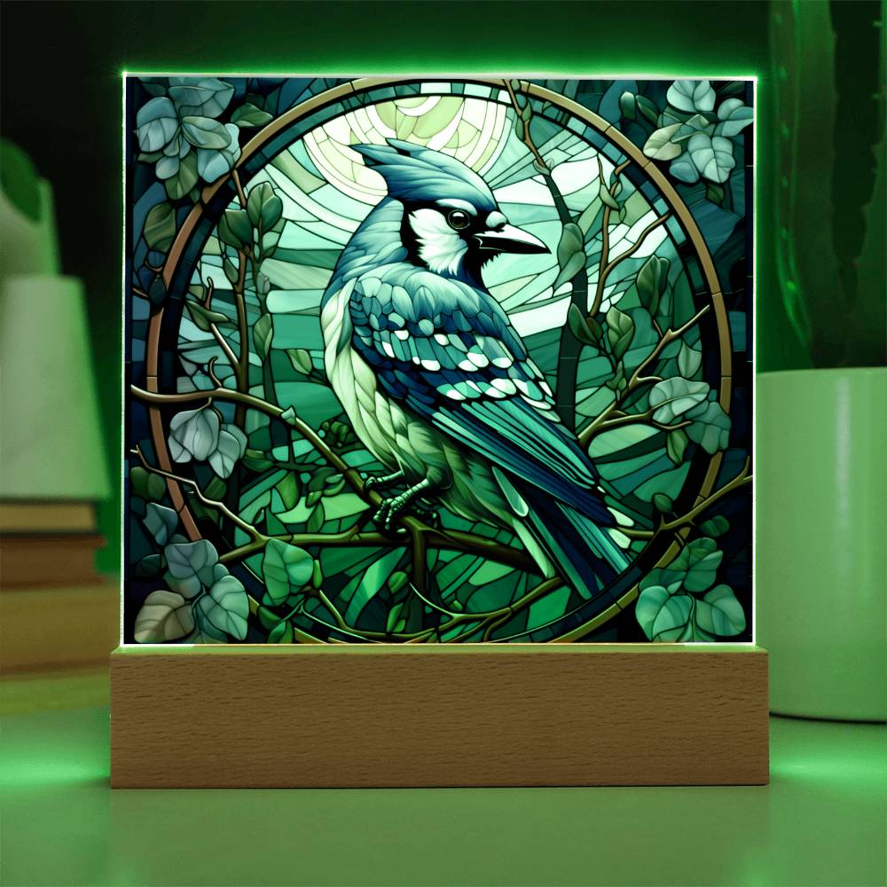 Blue Jay Faux Stained Glass Acrylic Plaque - A Gift For Bird Lover Decoration For Bird Watcher Gifts - Acrylic Square Plaque