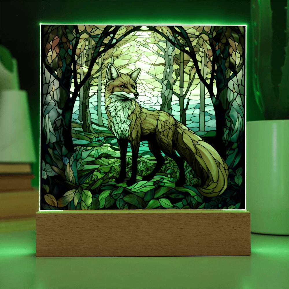 Fox In The Woods Faux Stained Glass - Gift For Animal Lover Decoration For House LED Fox Nightlight - Acrylic Square Plaque