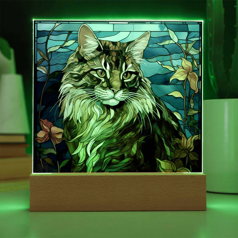 Maine Coon Cat Faux Stained Glass - Acrylic Square Plaque