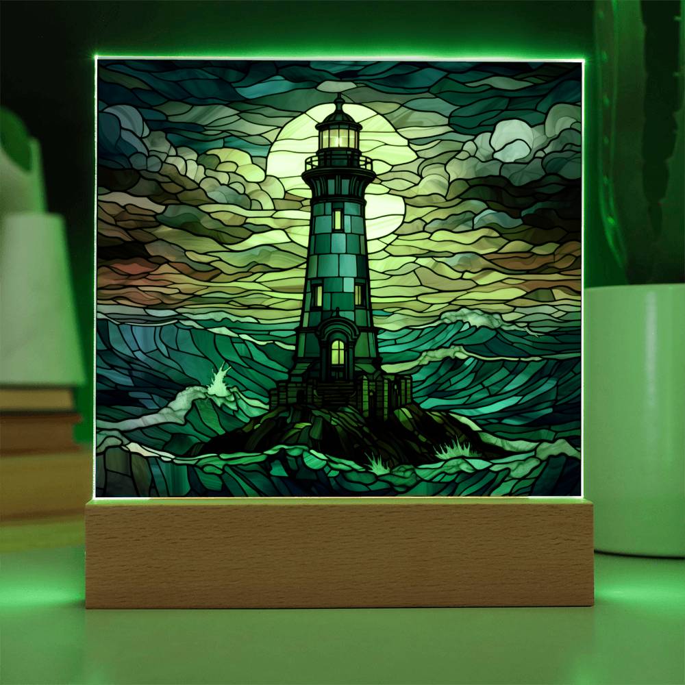Lighthouse In The Ocean Faux Stained Glass For Lighthouse Decoration - Acrylic Square Plaque