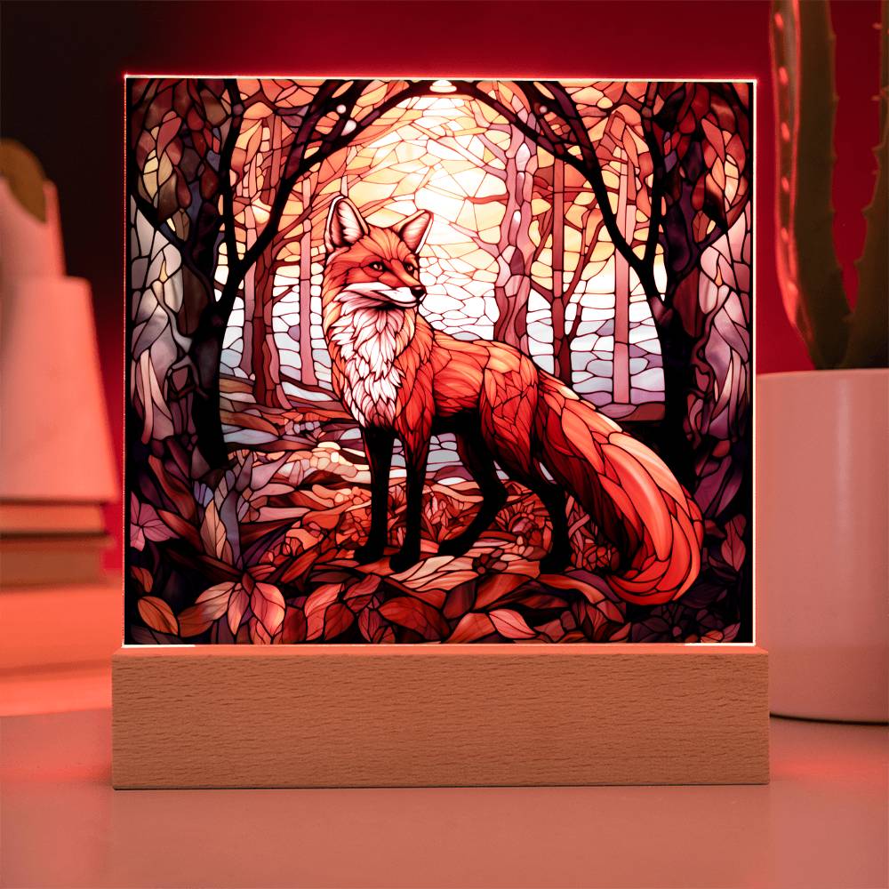 Fox In The Woods Faux Stained Glass - Gift For Animal Lover Decoration For House LED Fox Nightlight - Acrylic Square Plaque