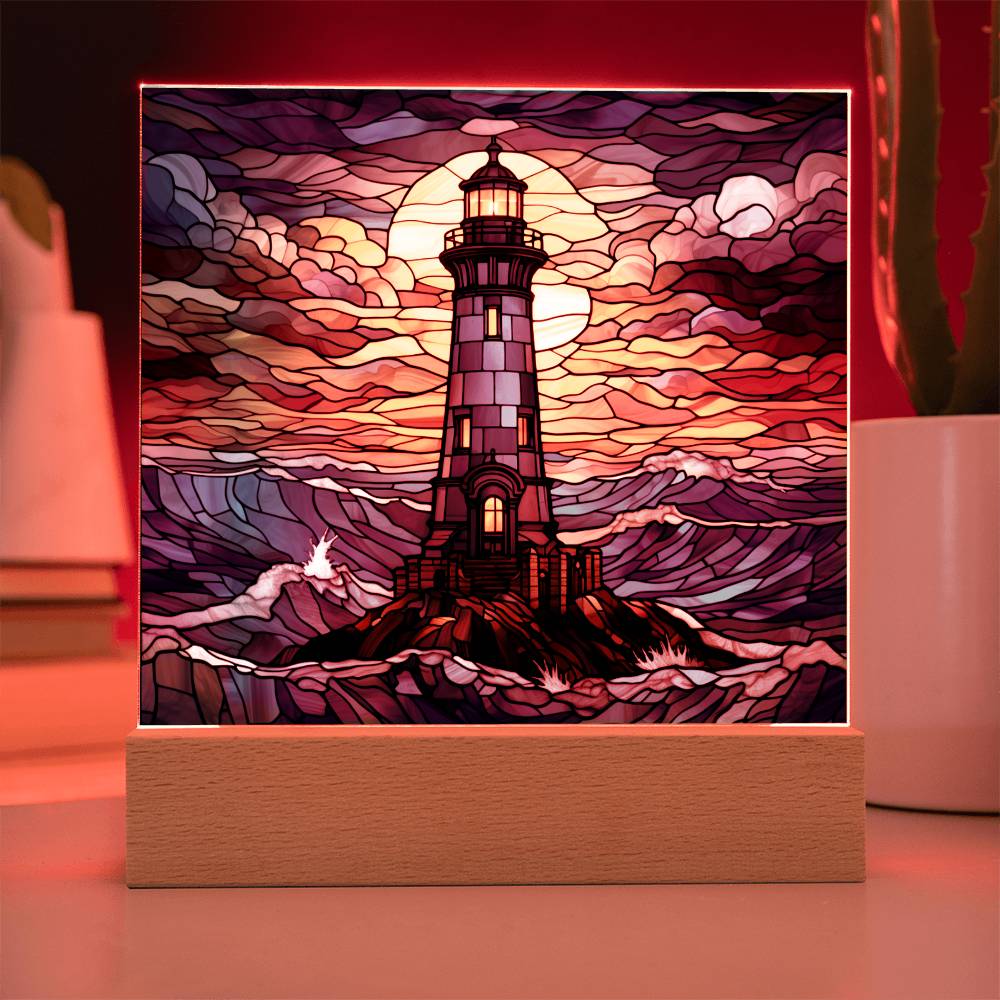 Lighthouse In The Ocean Faux Stained Glass For Lighthouse Decoration - Acrylic Square Plaque