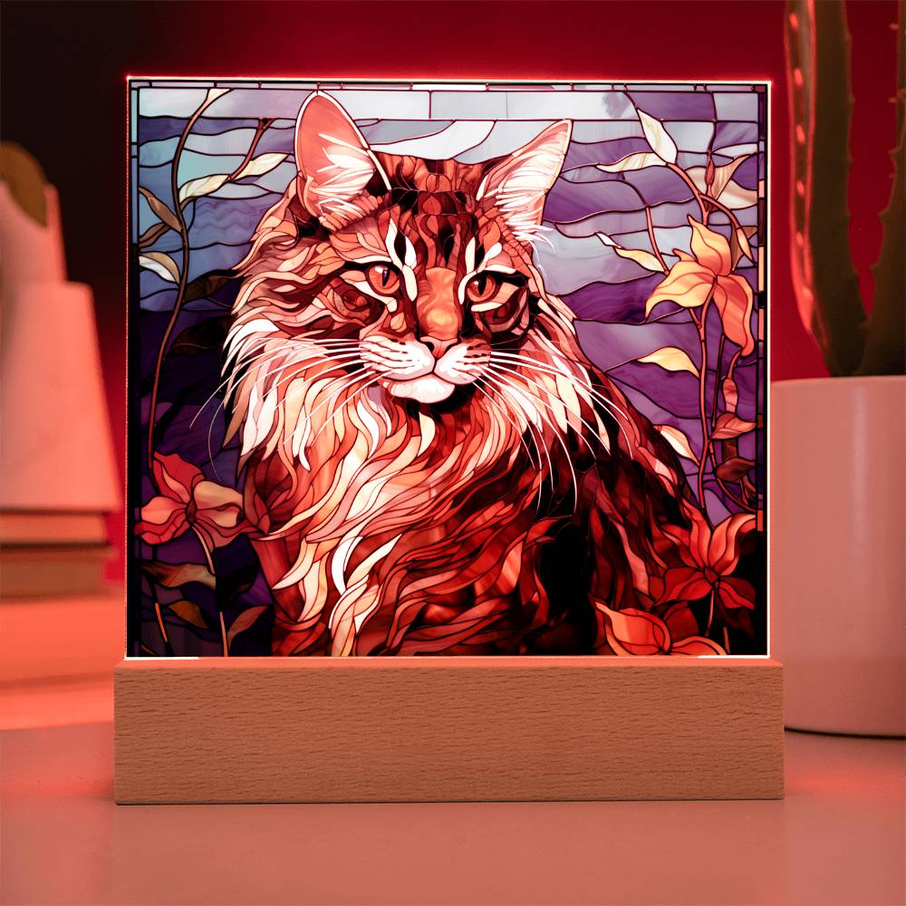 Maine Coon Cat Faux Stained Glass - Acrylic Square Plaque