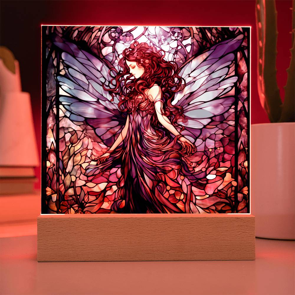Fairy Faux Stained Glass Acrylic - For Fantasy Lover Gift Winged Fairy Nightlight - Acrylic Square Plaque