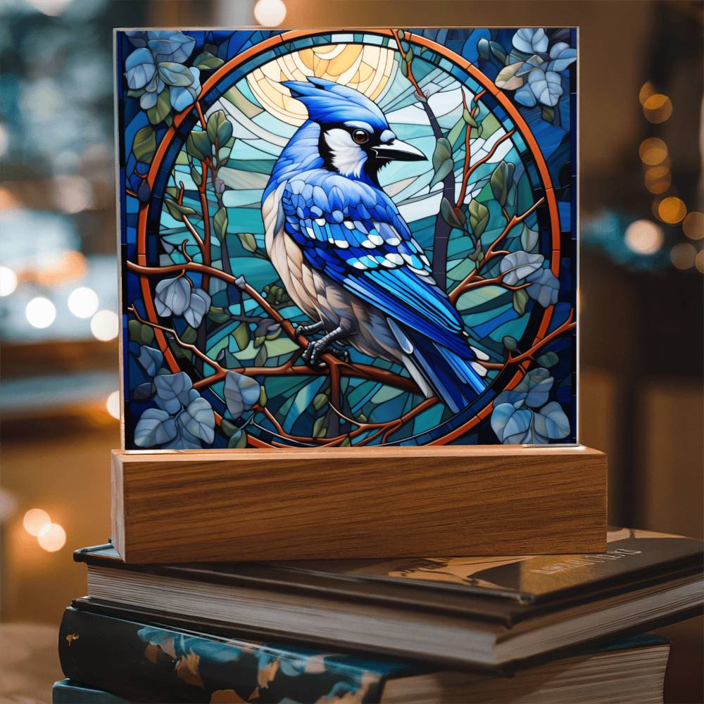Blue Jay Faux Stained Glass Acrylic Plaque - A Gift For Bird Lover Decoration For Bird Watcher Gifts - Acrylic Square Plaque