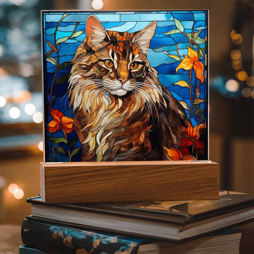 Maine Coon Cat Faux Stained Glass - Acrylic Square Plaque