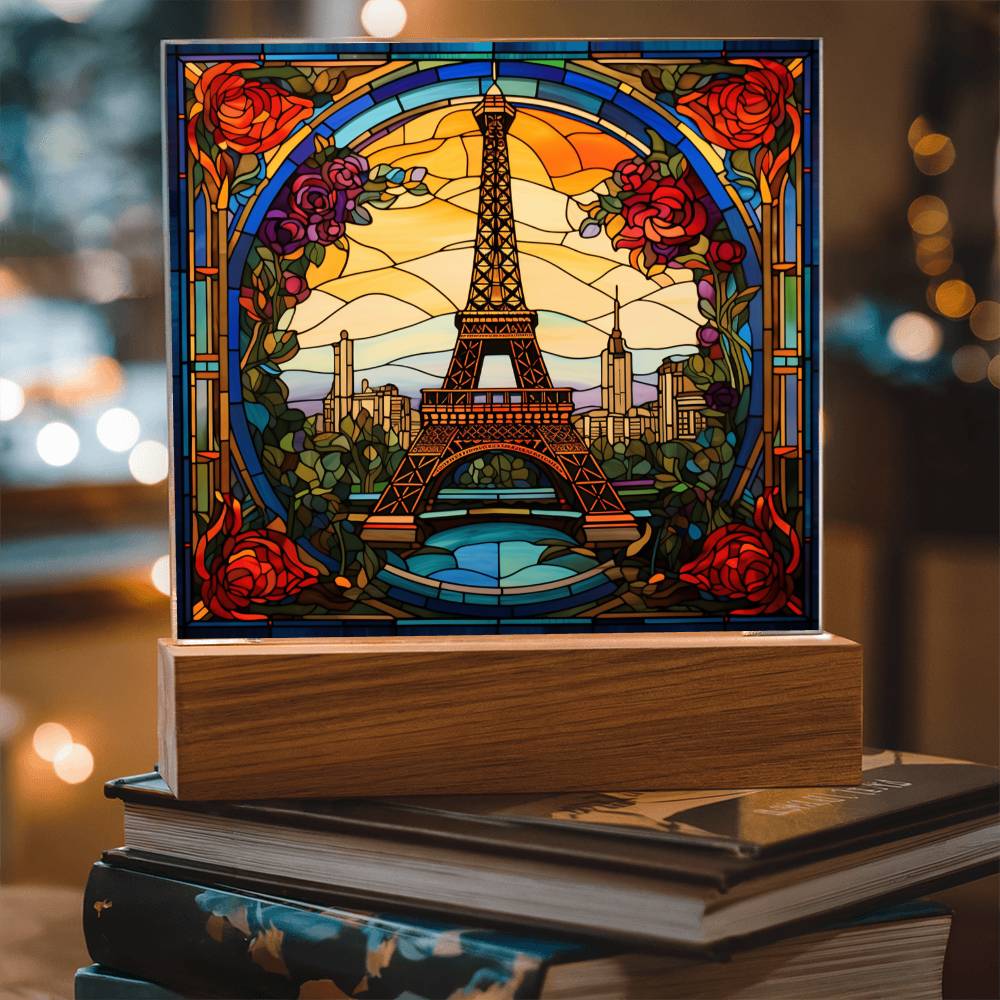 Eiffel Tower Stained Glass Acrylic - Home Decoration Gift For Traveler Paris Souvenir - Acrylic Square Plaque