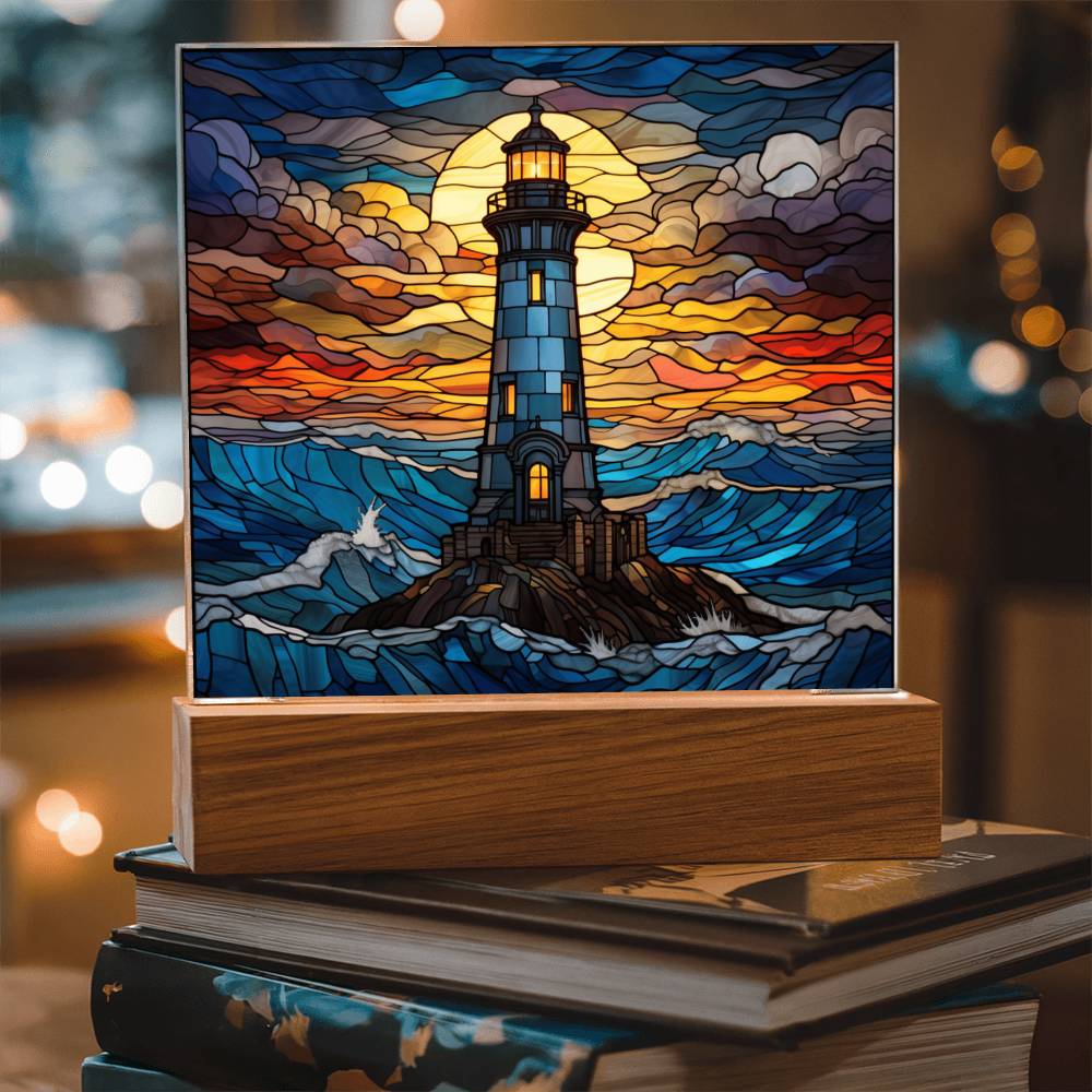 Lighthouse In The Ocean Faux Stained Glass For Lighthouse Decoration - Acrylic Square Plaque