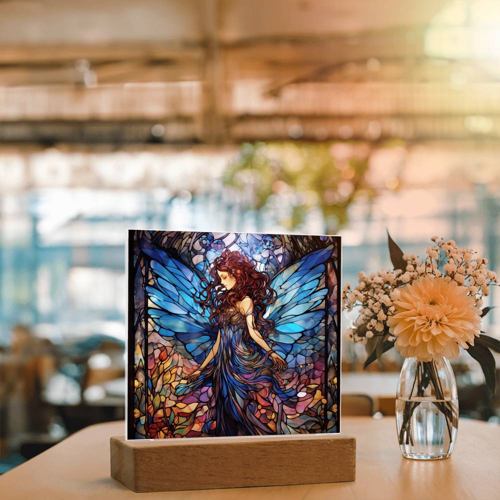 Fairy Faux Stained Glass Acrylic - For Fantasy Lover Gift Winged Fairy Nightlight - Acrylic Square Plaque
