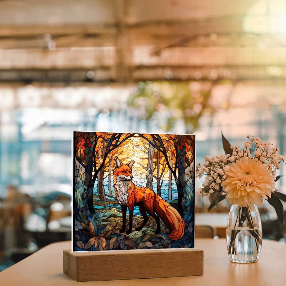 Fox In The Woods Faux Stained Glass - Gift For Animal Lover Decoration For House LED Fox Nightlight - Acrylic Square Plaque