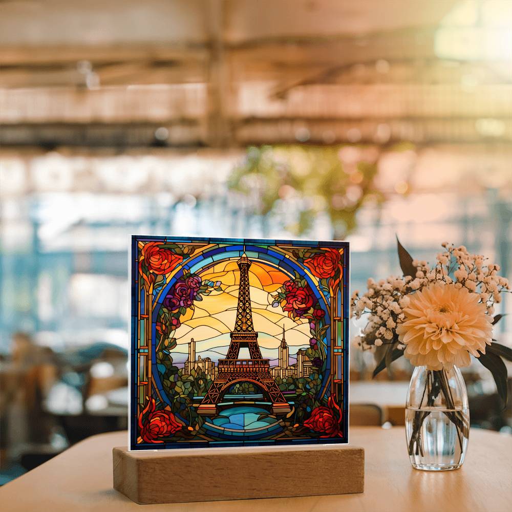 Eiffel Tower Stained Glass Acrylic - Home Decoration Gift For Traveler Paris Souvenir - Acrylic Square Plaque