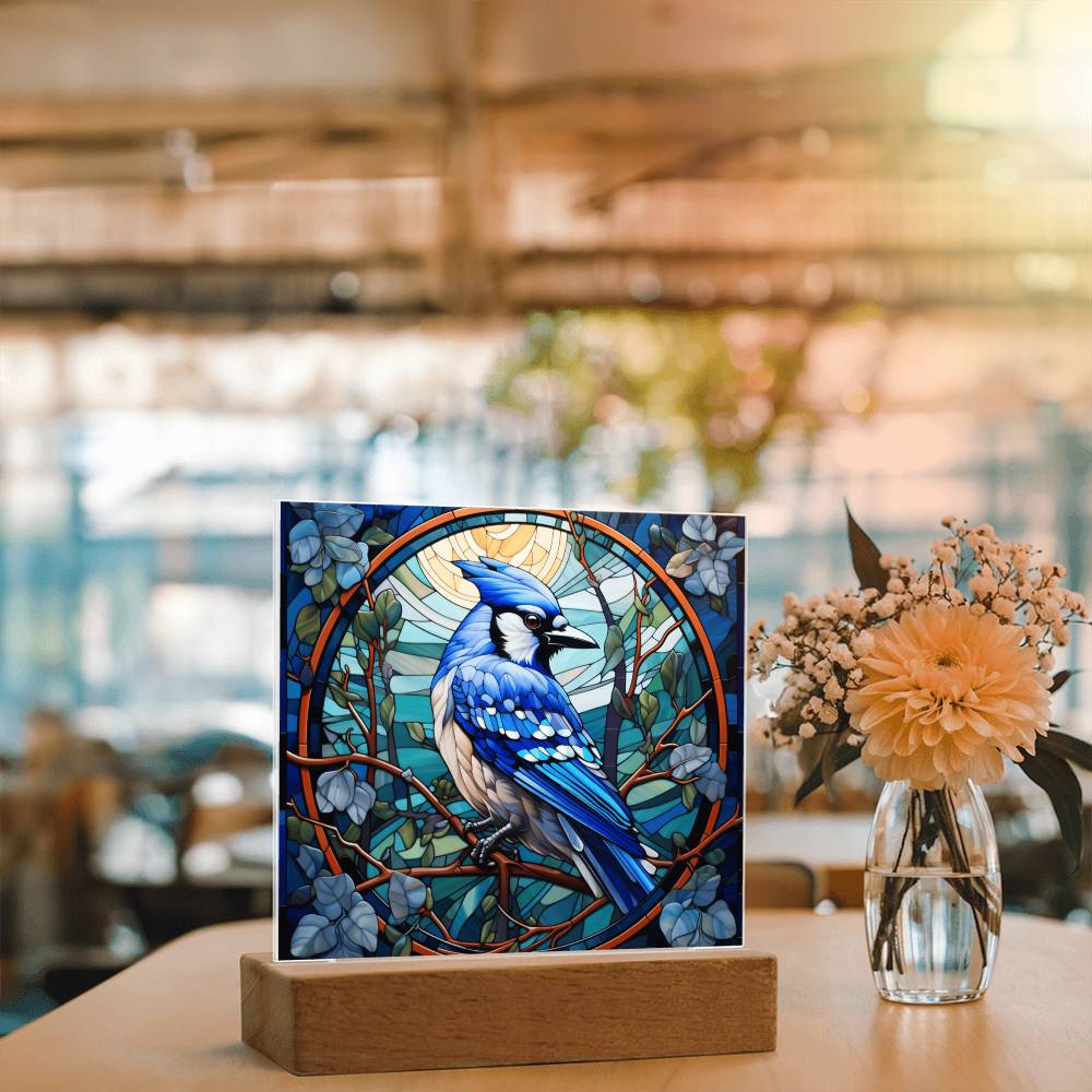 Blue Jay Faux Stained Glass Acrylic Plaque - A Gift For Bird Lover Decoration For Bird Watcher Gifts - Acrylic Square Plaque