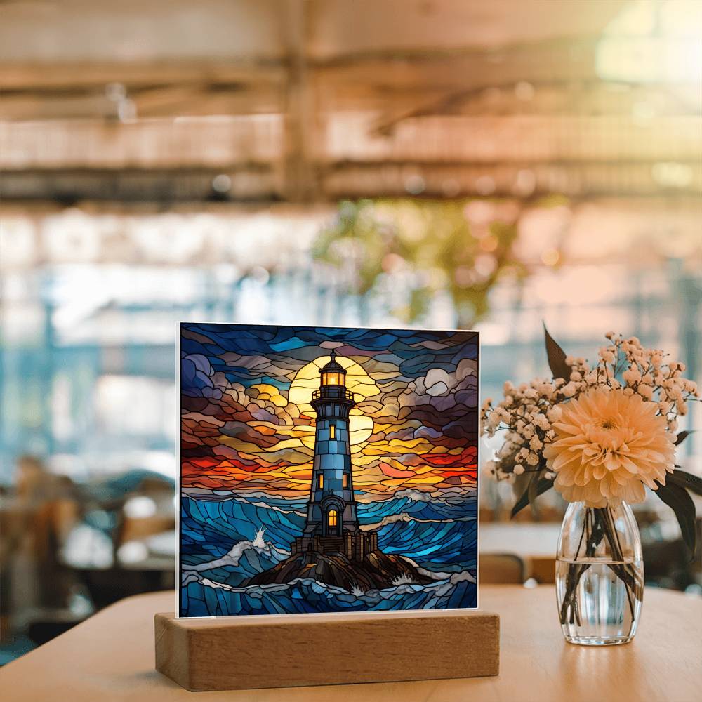 Lighthouse In The Ocean Faux Stained Glass For Lighthouse Decoration - Acrylic Square Plaque
