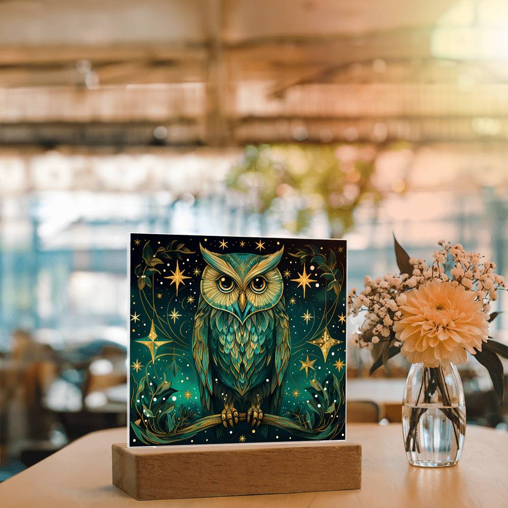 Mystic Owl Stained Glass - Acrylic Square Plaque