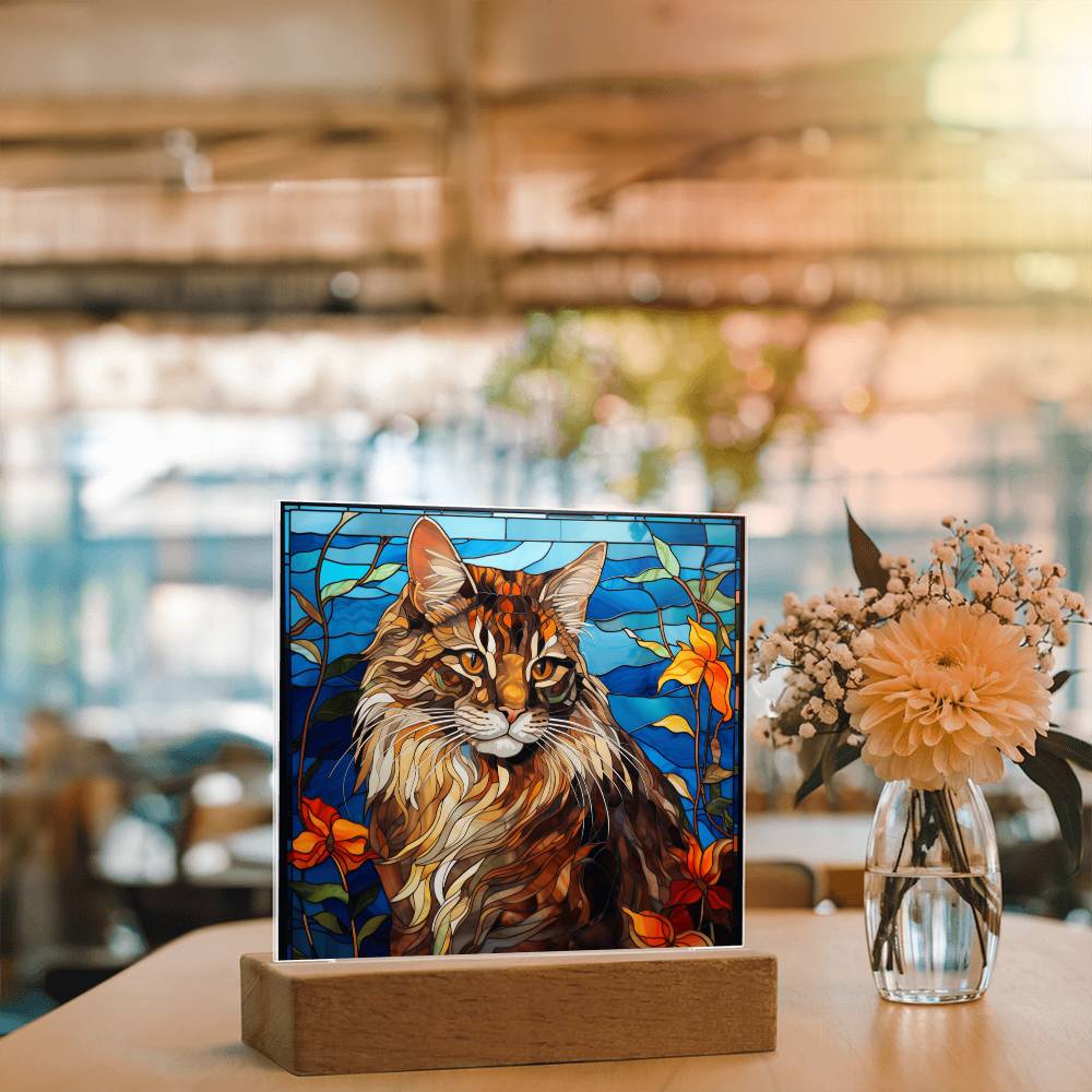 Maine Coon Cat Faux Stained Glass - Acrylic Square Plaque