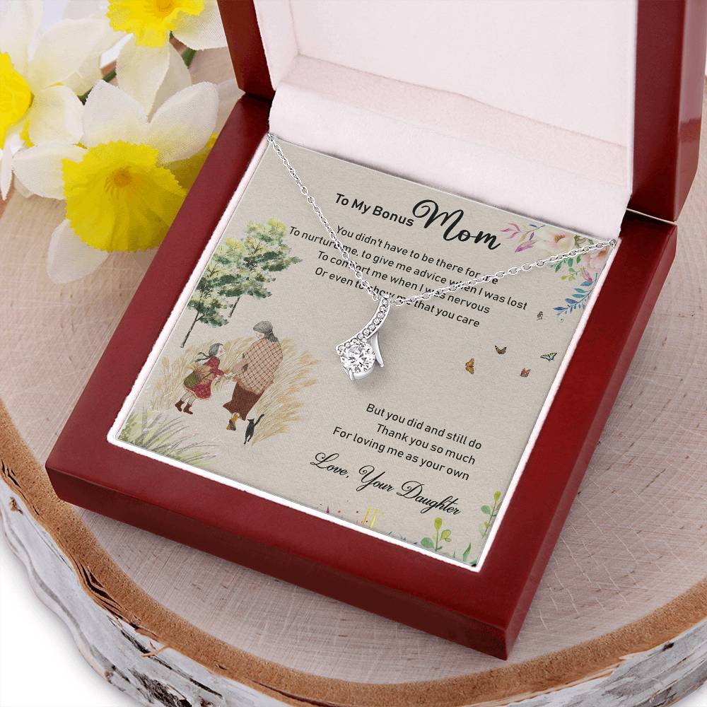 To My Bonus Mom Alluring Beauty Necklace Mother's Day Message Card Gift From Bonus Daughter Alluring Beauty Necklace