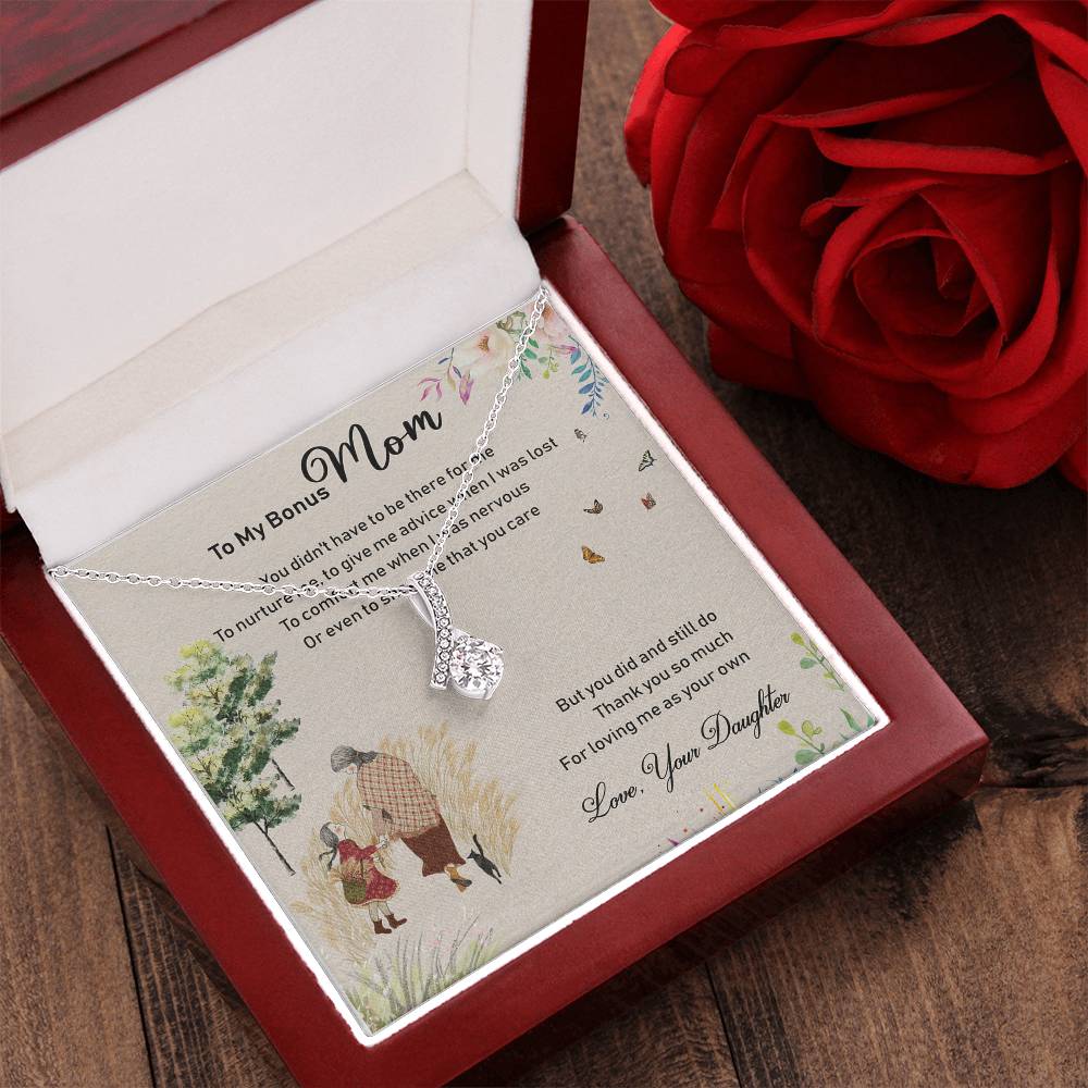 To My Bonus Mom Alluring Beauty Necklace Mother's Day Message Card Gift From Bonus Daughter Alluring Beauty Necklace