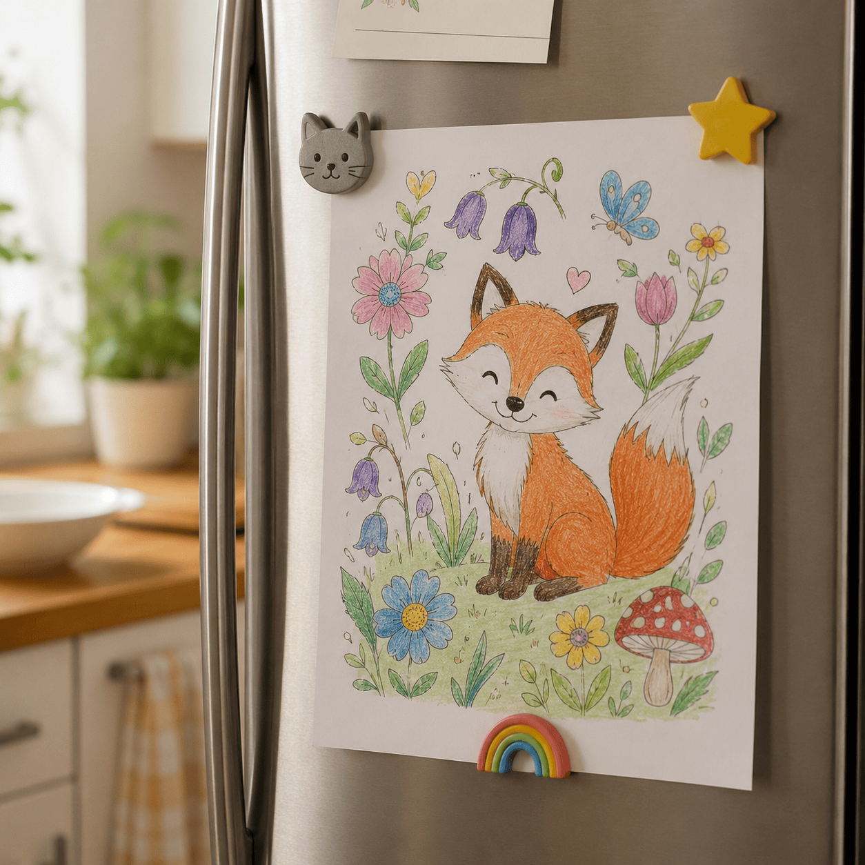 A finished coloring page displayed at home