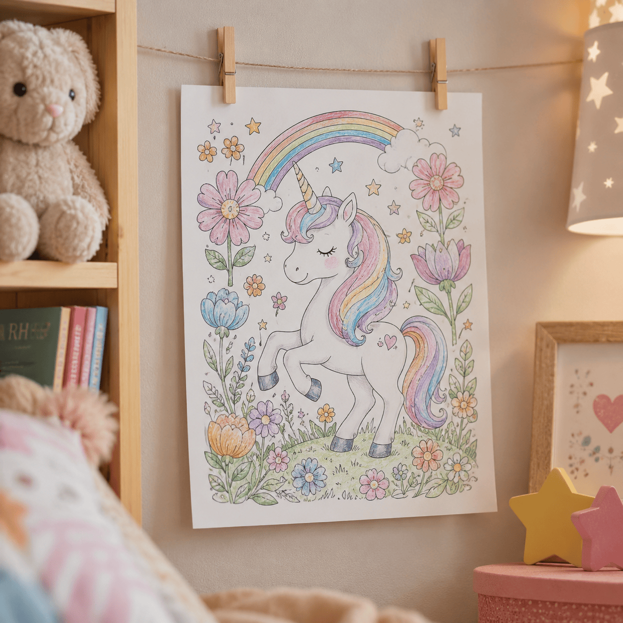A finished coloring page displayed at home